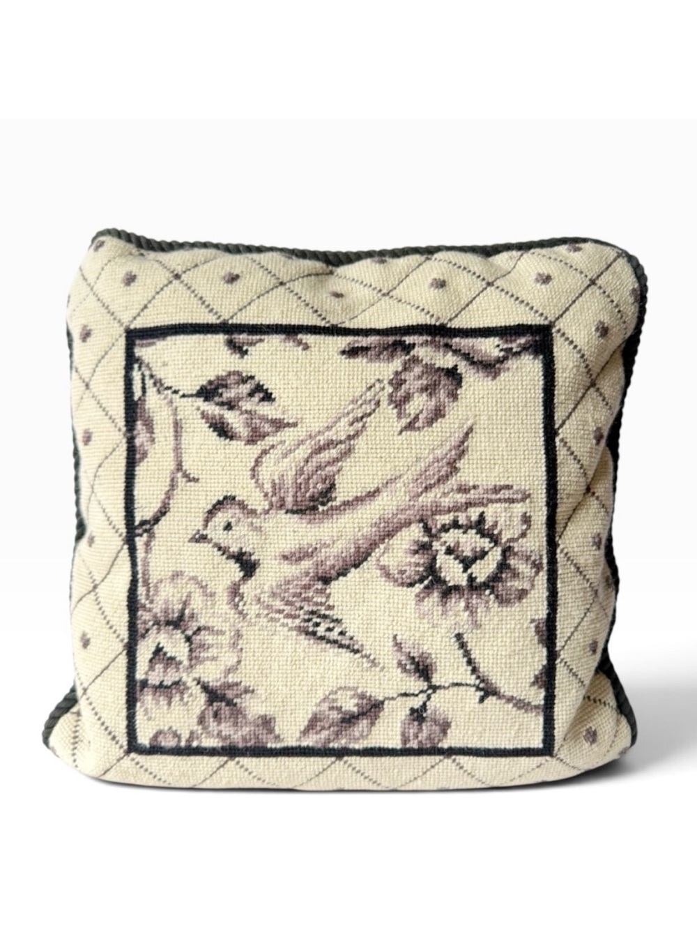 Vintage Bird Lattice Floral Square Needlepoint Decorative Pillow 15x15 in. #1
